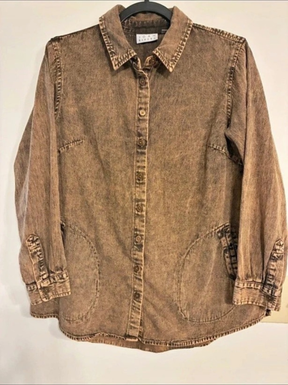 Joan Rivers Classics Vintage Washed Denim Shirt Brown Cotton-Blend Jean Jacket